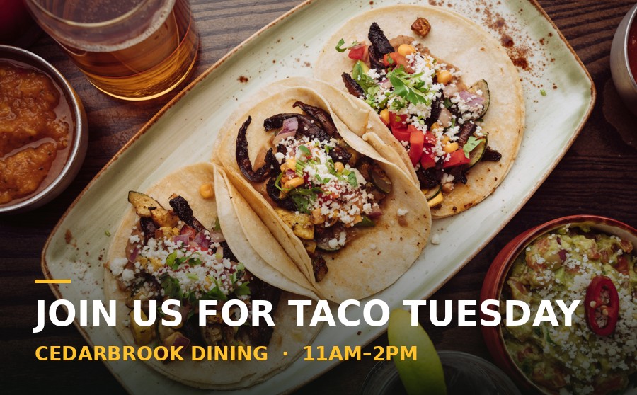 Sample TV screen showing a Taco Tuesday announcement for a fictional dining hall